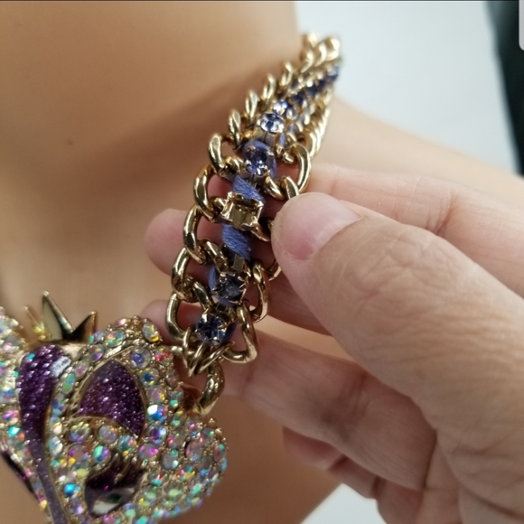 BETSEY JOHNSON PURPLE CRYSTALS FOX CHUNKY STATEMENT FASHION CHAIN NECKLACE. - Picture 4 of 10